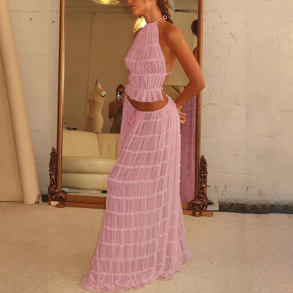 Trendy Halter Top & Maxi Skirt in pastel pink with layered design for a chic summer look