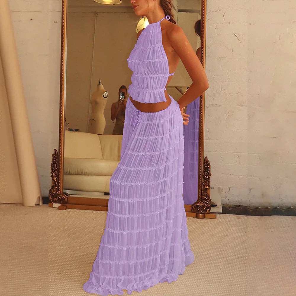 Trendy Halter Top & Maxi Skirt in Lavender with Pleated Design for Stylish Summer Outfits