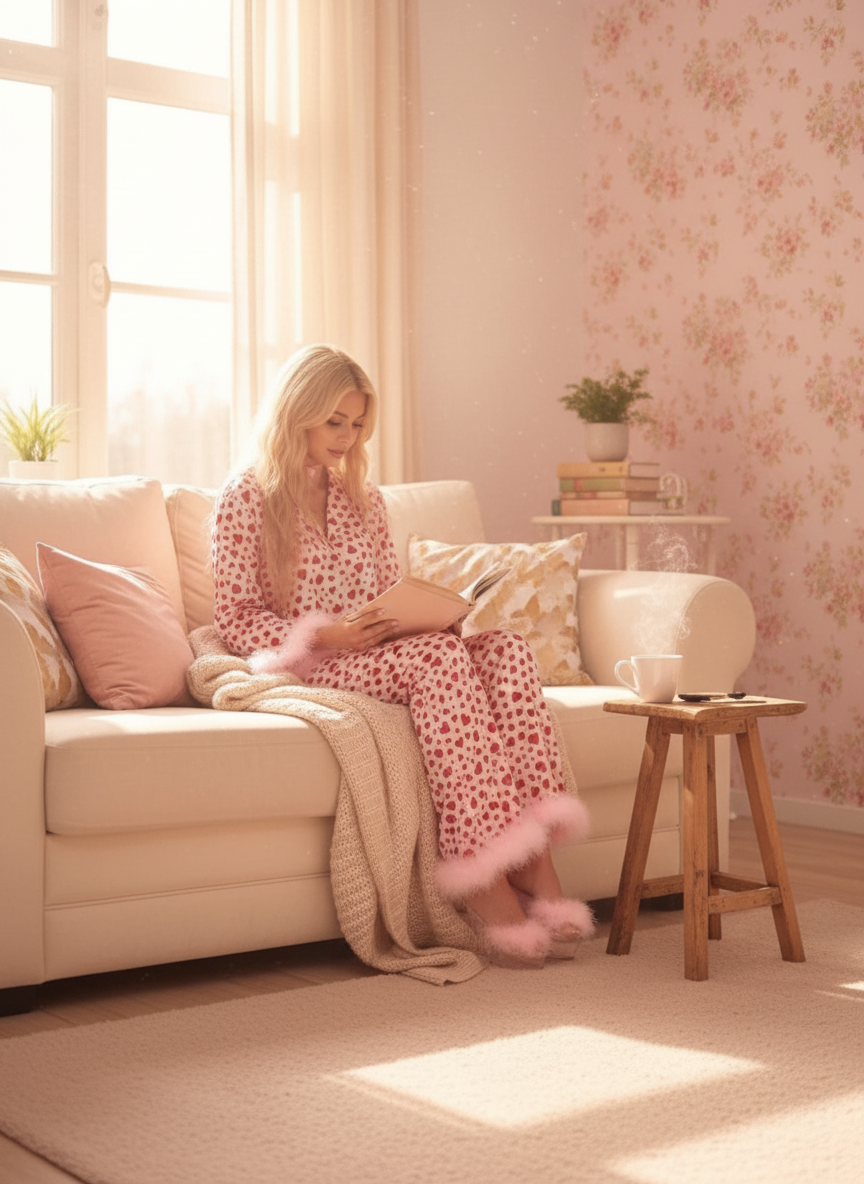 Woman in heart print lounge set relaxing on couch with book and tea on weekend morning