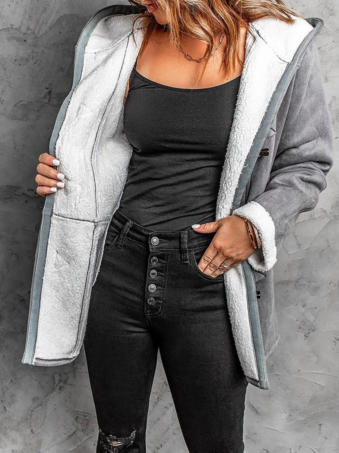 Trendsi plus size sherpa lined winter coat gray exterior with white plush lining and hood on model