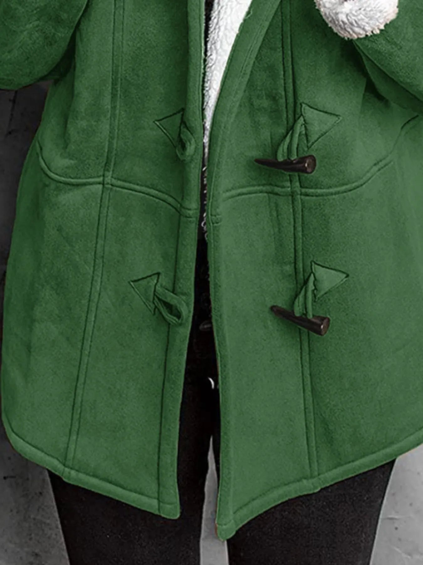 Trendsi plus size sherpa lined winter coat in green with wooden toggle closures and visible white sherpa trim
