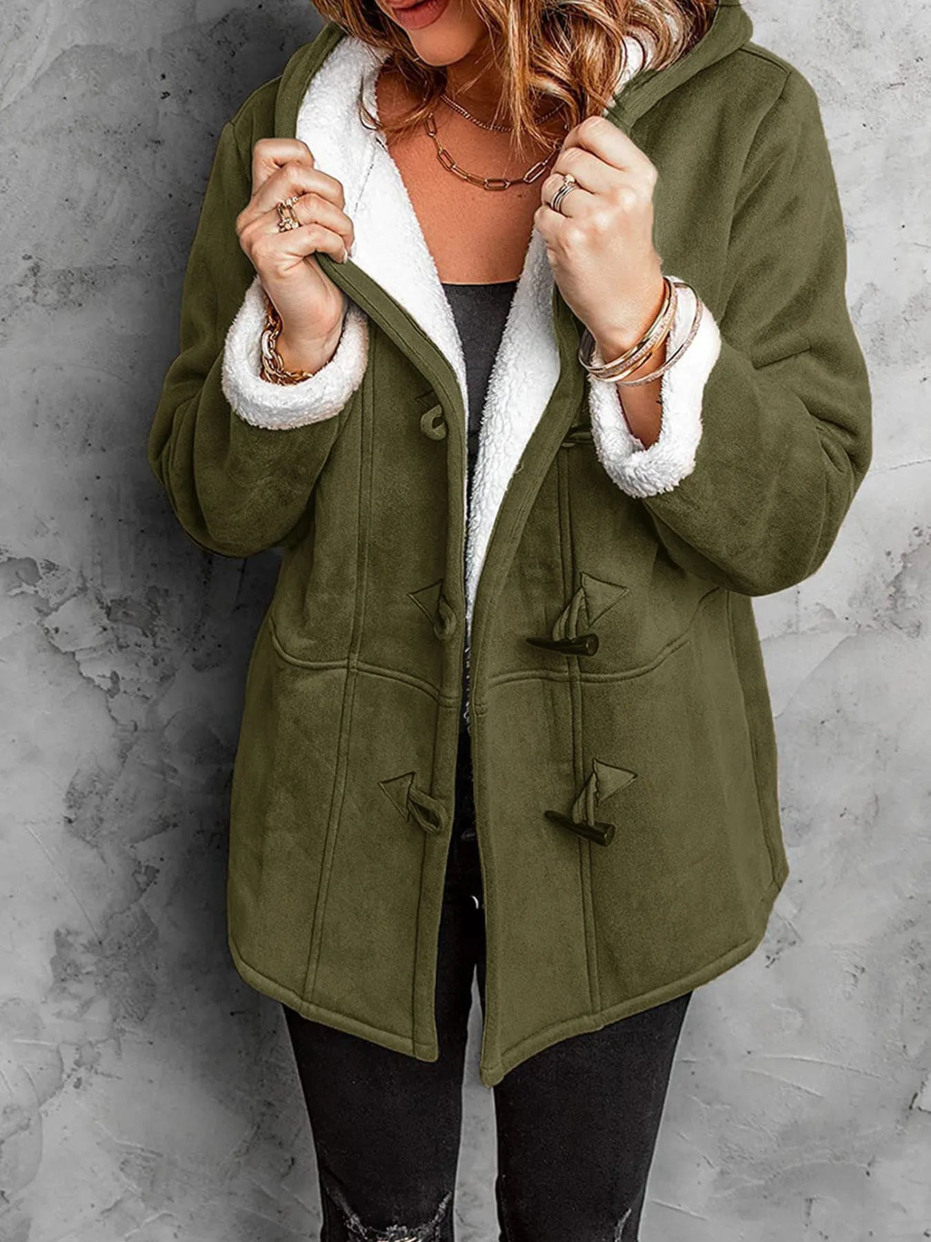 Trendsi plus size sherpa lined winter coat olive green hooded duffle with white lining and toggle closures