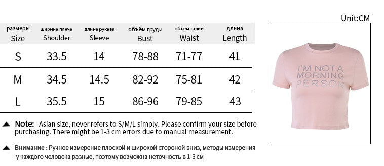 Trendsi pink Crop T-Shirt with IM NOT A MORNING PERSON slogan short sleeves cropped fit and size chart