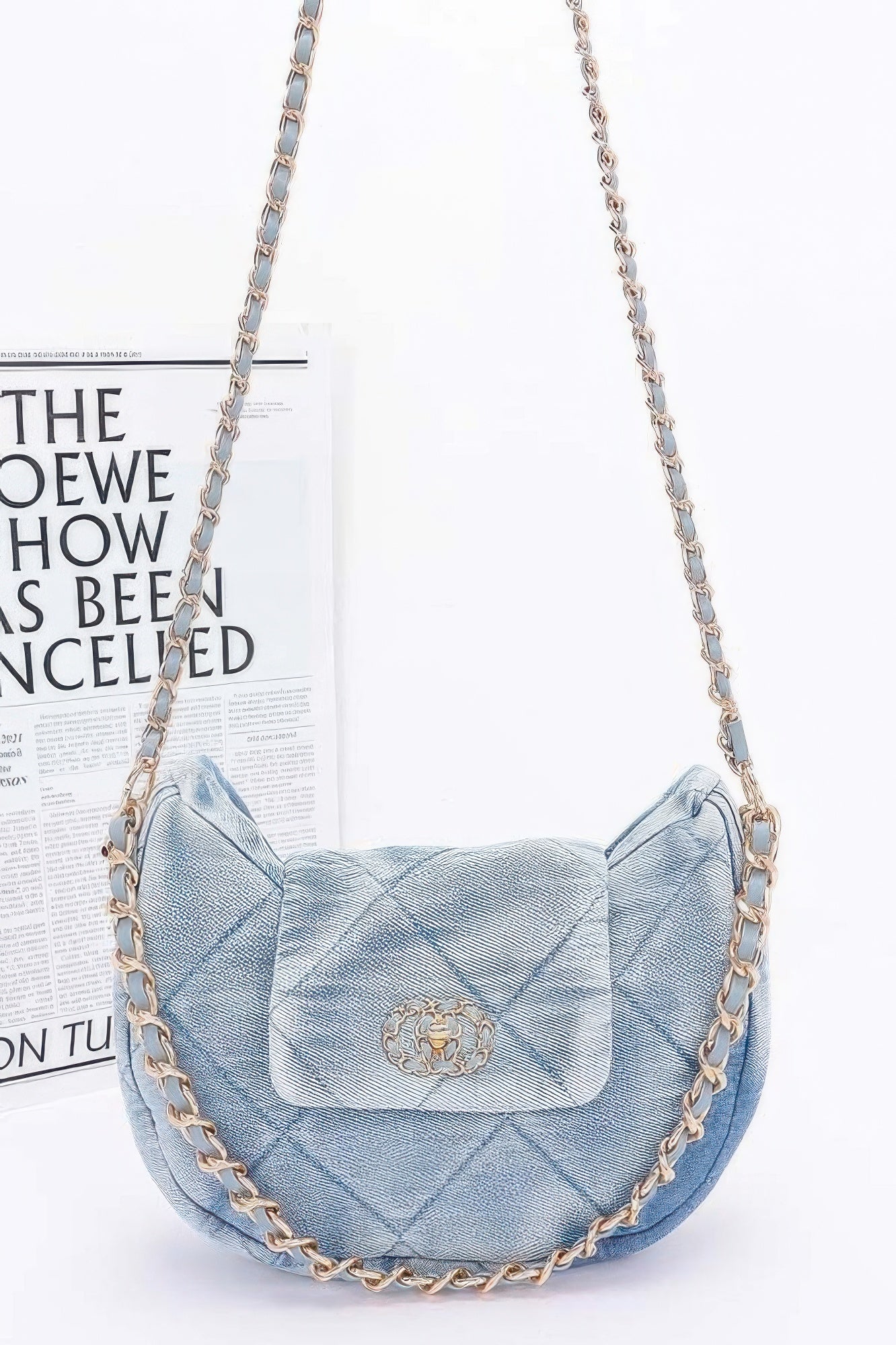 Denim Crossbody Bag light wash quilted crescent bag with gold chain strap and flap closure