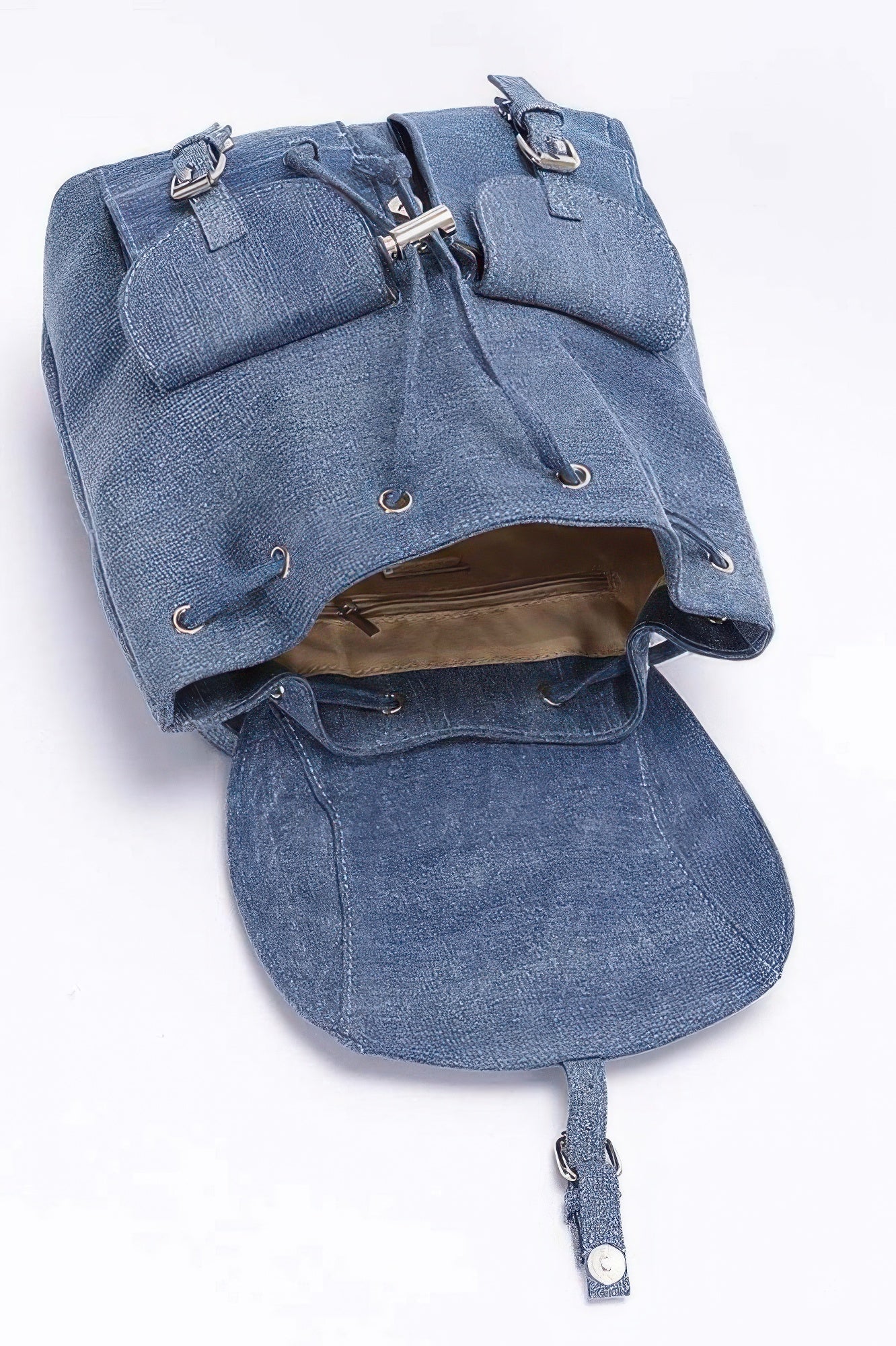CCWHOLESALECLOTHING denim backpack with double pockets blue denim drawstring flap and buckles