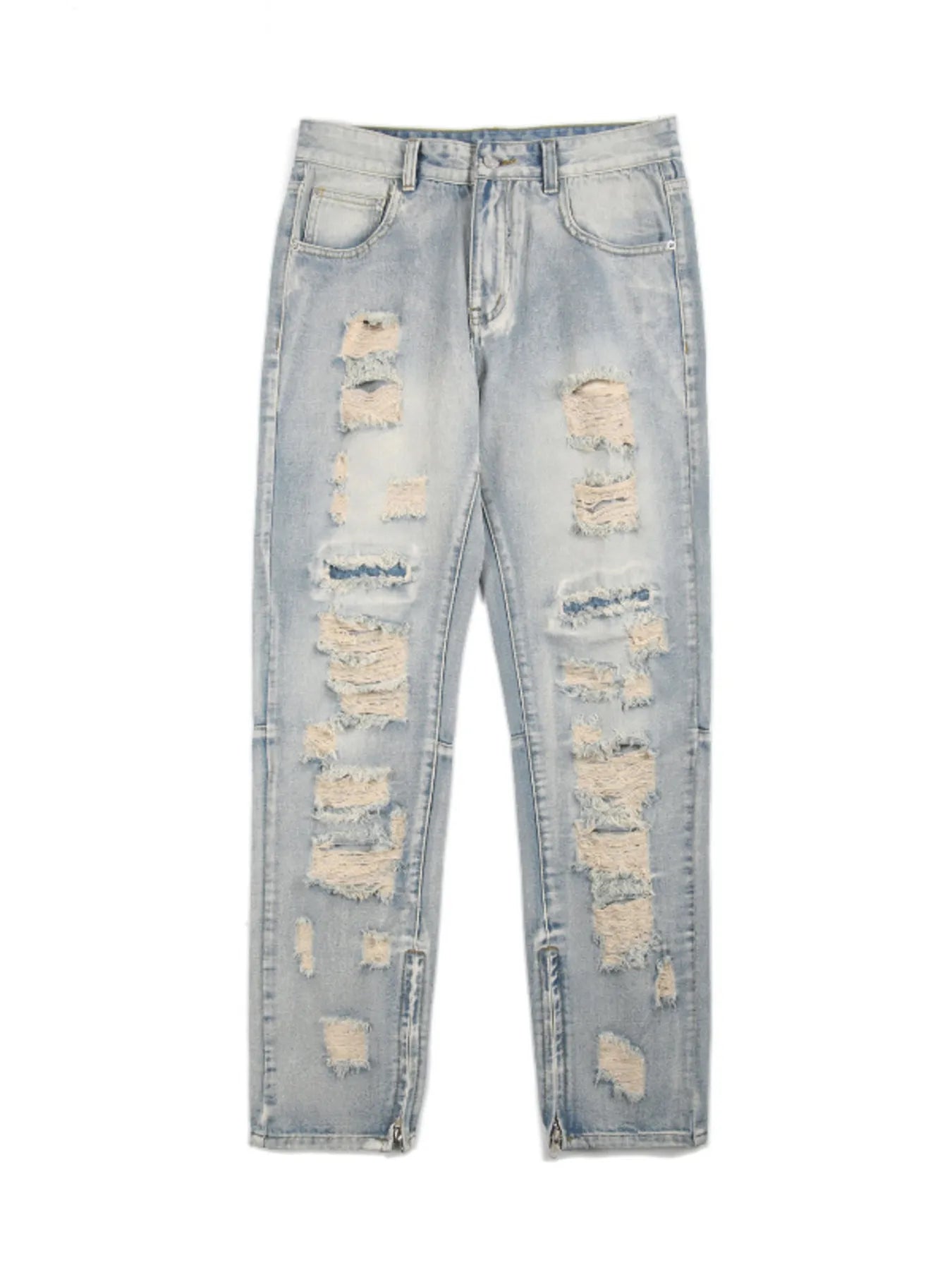 Trendsi men's distressed straight jeans light wash heavy rips frayed patches five pocket casual streetwear