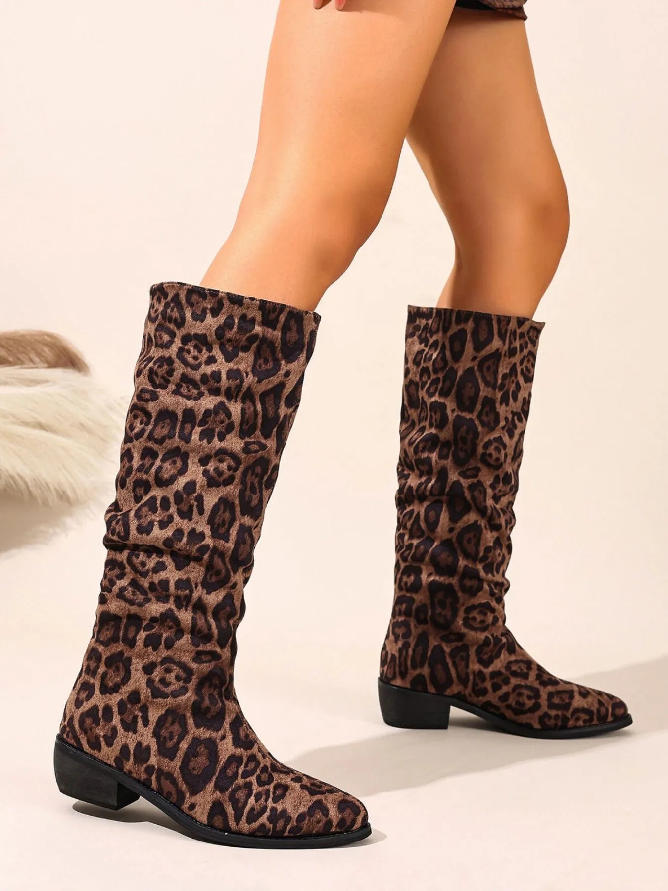 Suede Knee-High Boots Trendsi leopard print slouchy shaft low block heel brown suede riding style