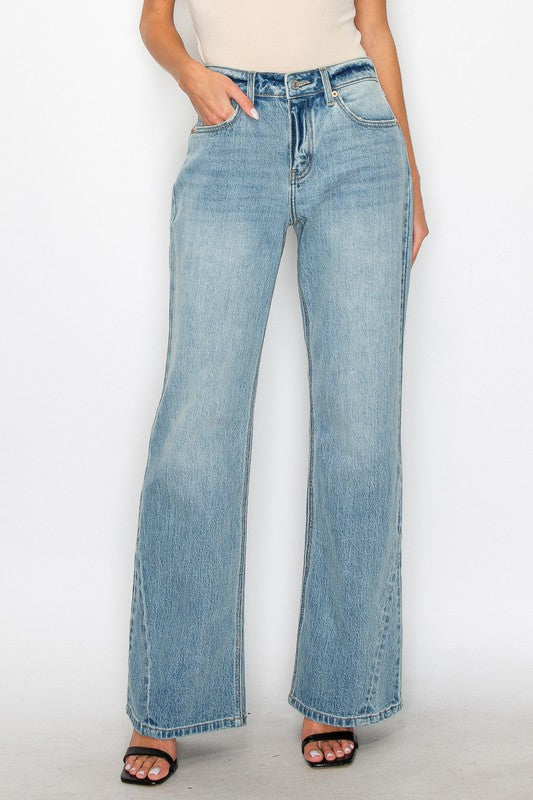 Artemis Vintage light wash women's mid rise flare jeans with relaxed fit and full length flare