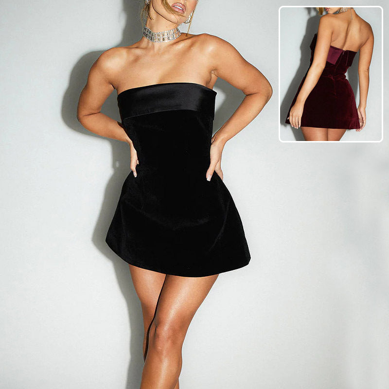 Stunning Velvet Strapless Mini Dress in Black with a Flattering Fitted Silhouette