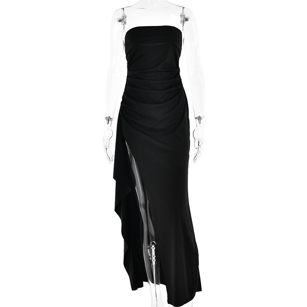 Elegant Strapless Maxi Dress in Black with a High Slit and Ruched Detailing for Sophisticated Style