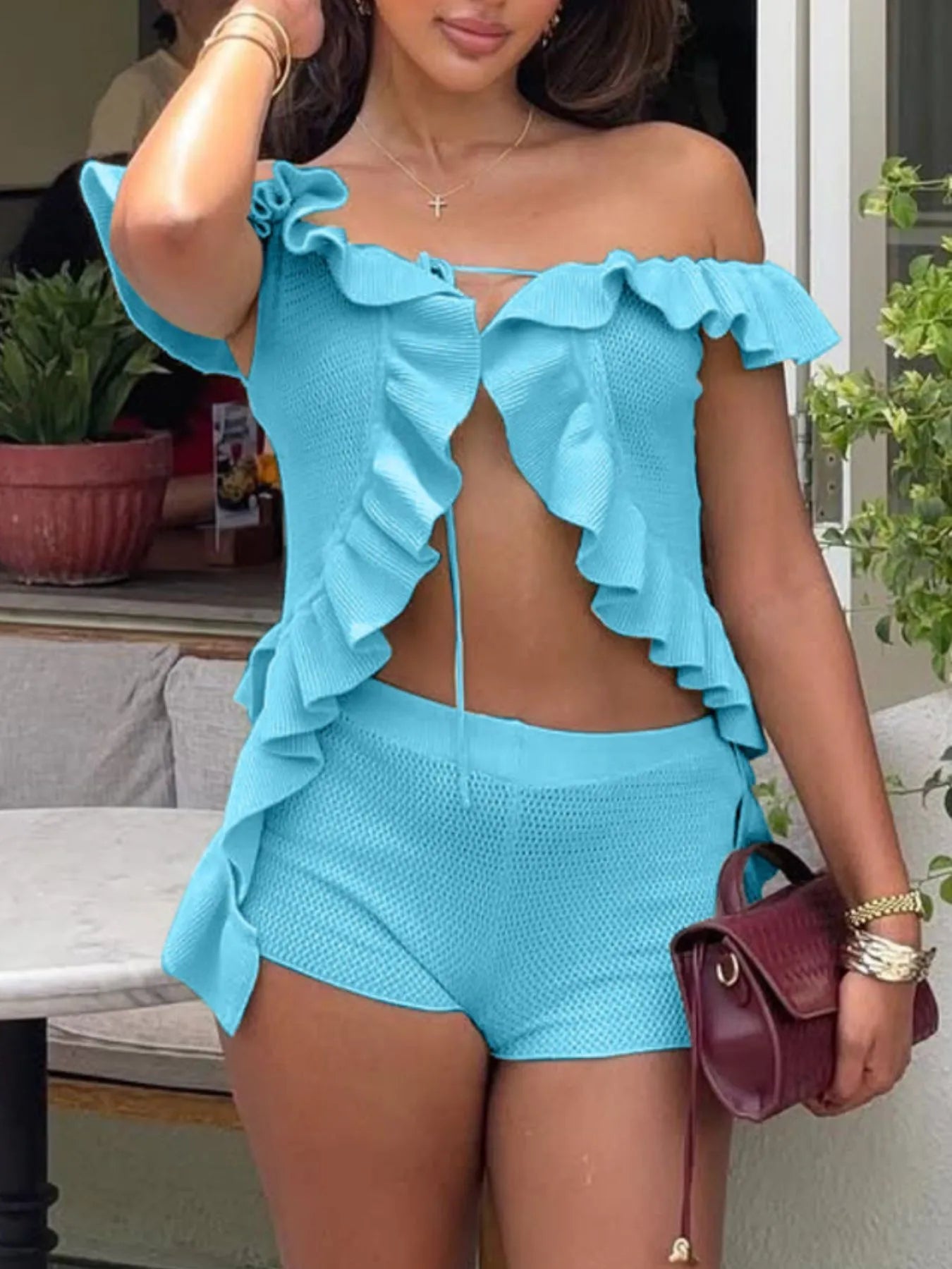 Trendsi blue Off-Shoulder Ruffle Top with matching shorts outfit for women summer style