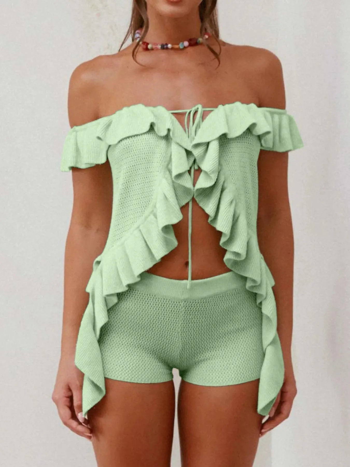 Trendsi light green Off-Shoulder Ruffle Top with tie front and matching shorts set