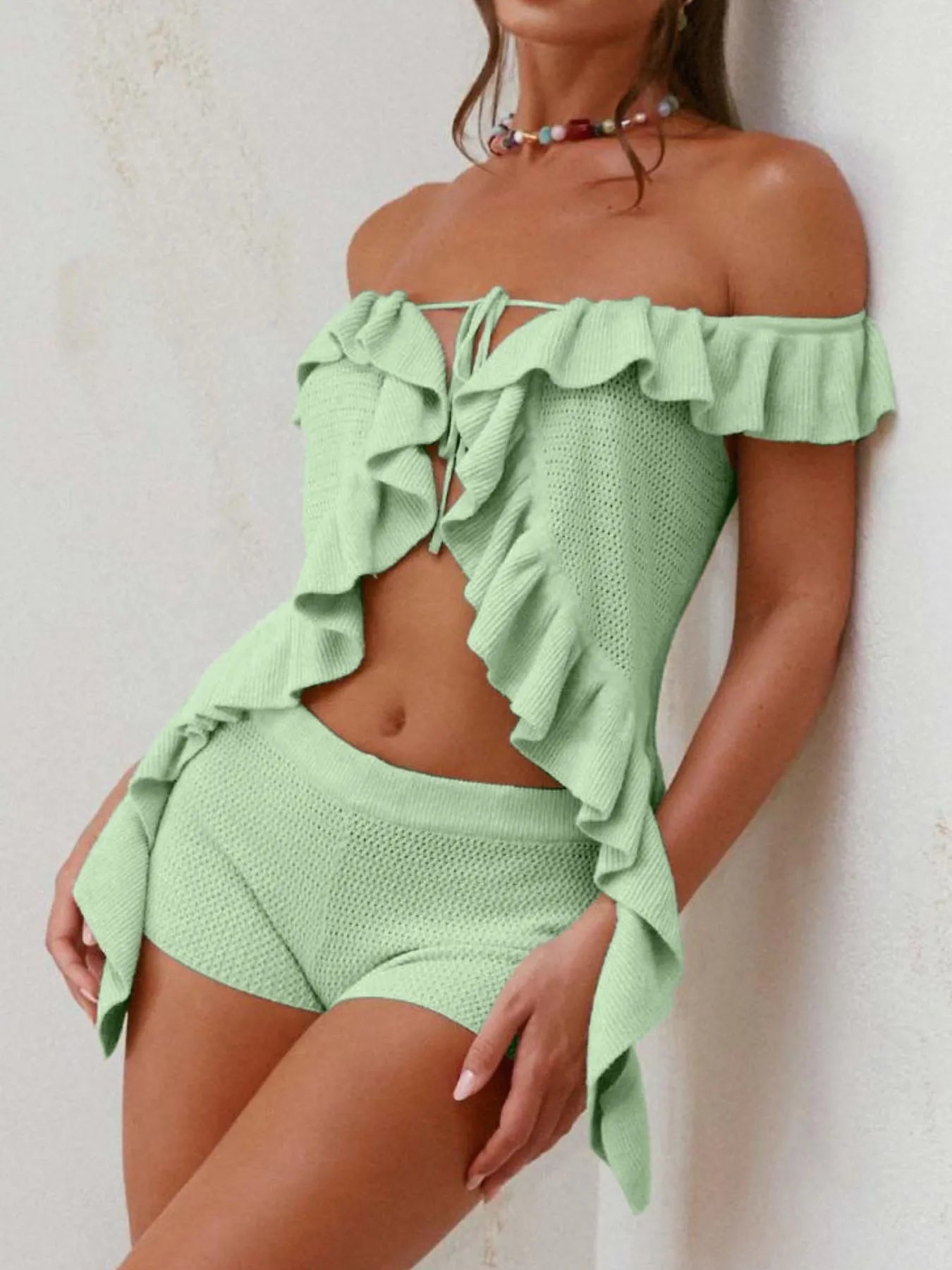 Trendsi light green off-shoulder ruffle top with matching shorts in textured fabric
