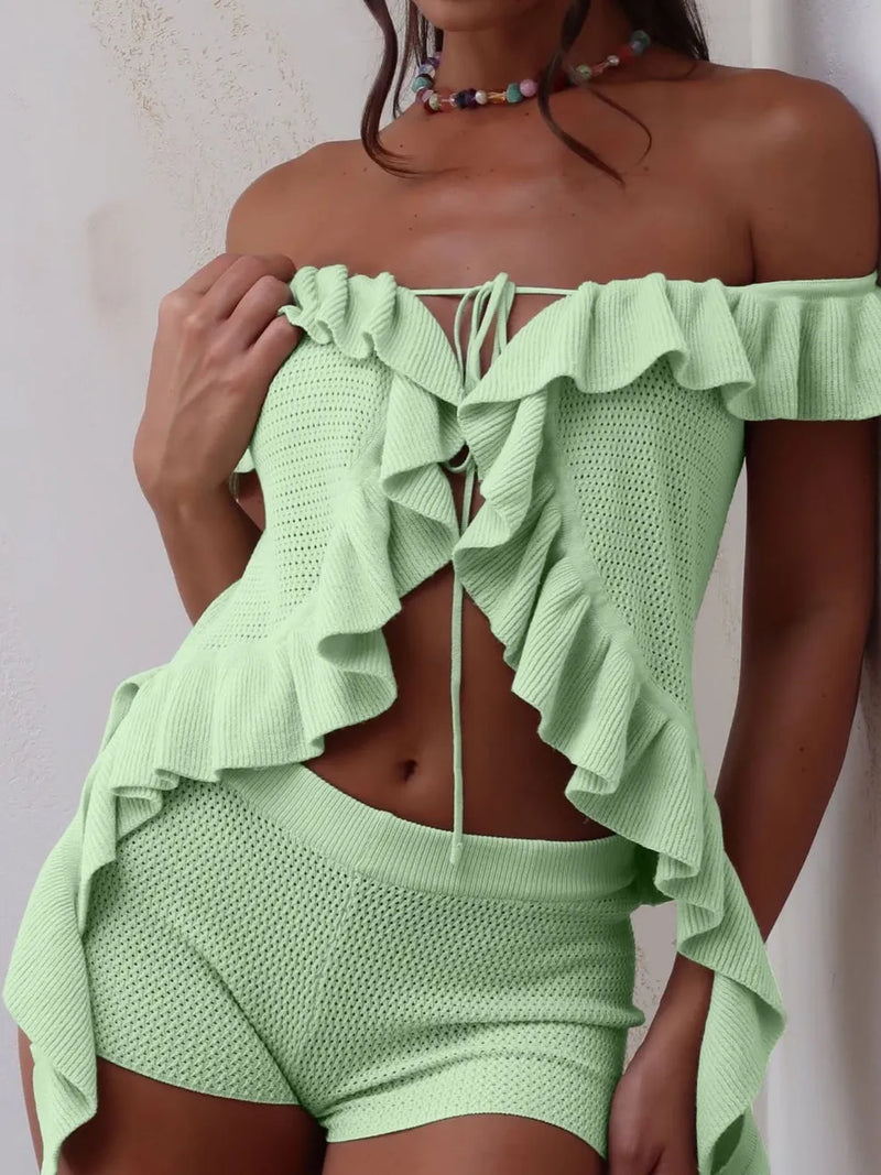 Trendsi green knitted off-shoulder ruffle top with matching shorts summer outfit
