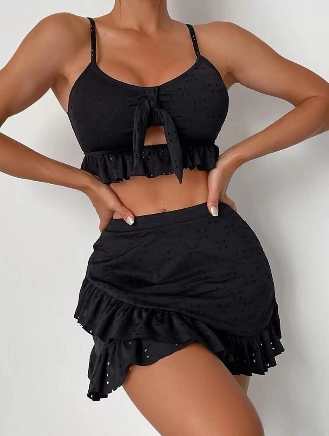 Trendsi black Ruffle Design Beach Bikini with tie front top and ruffled skirt bottom
