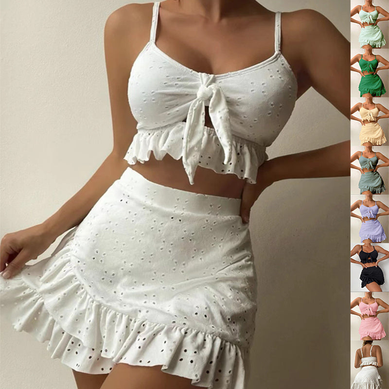 Trendsi white Ruffle Design Beach Bikini set with eyelet fabric and tie front top