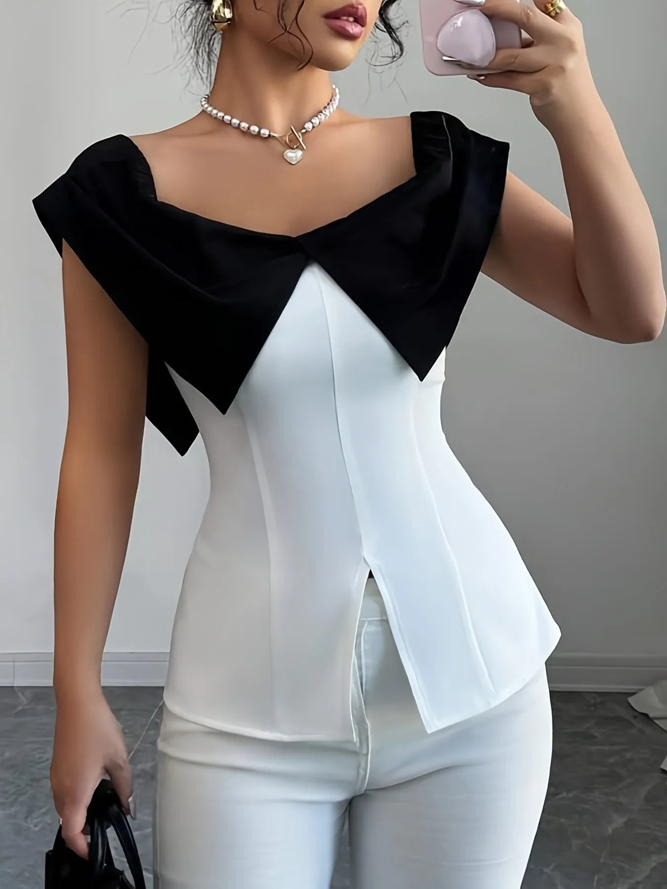 Trendsi stylish Slit Contrast Color Cap top with black collar and white body fitted design