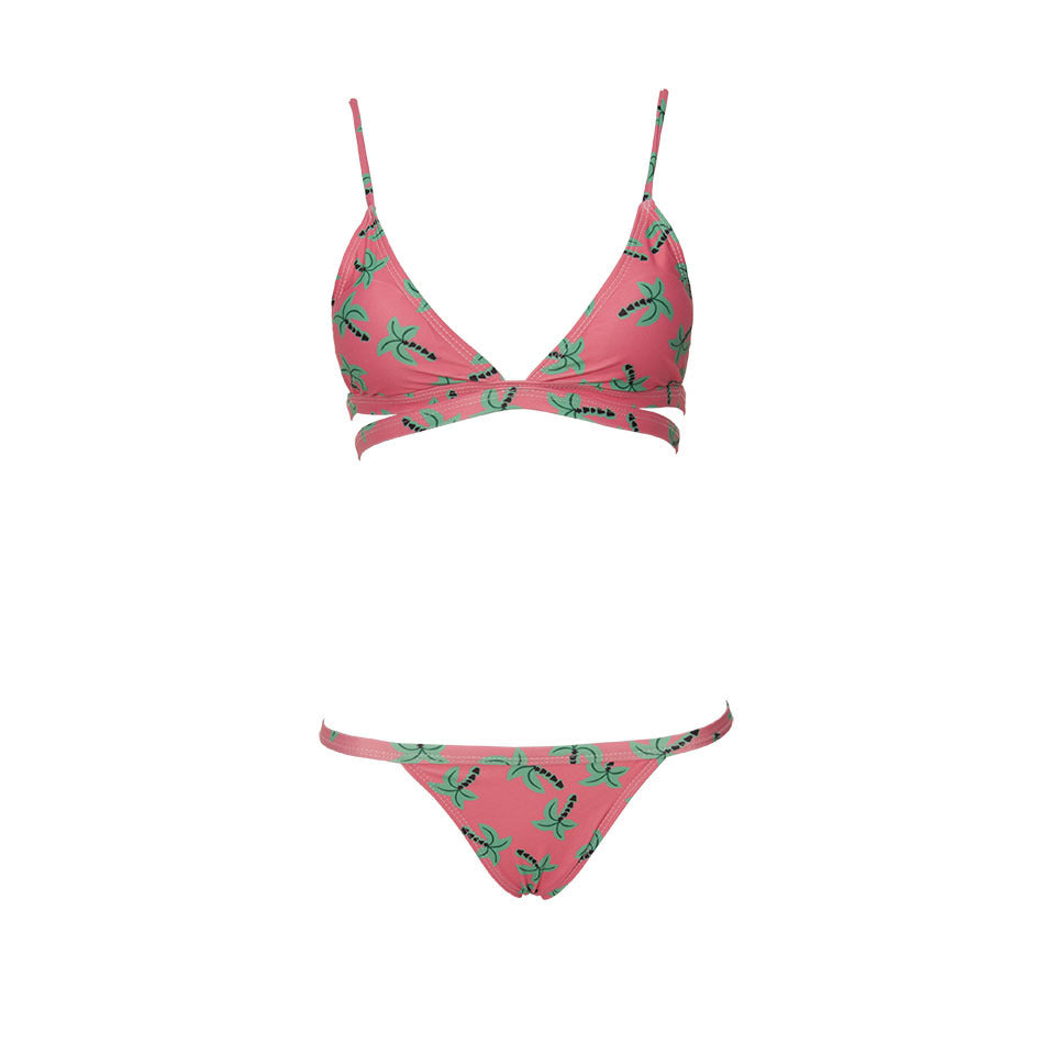 Trendsi Tropical Print Brazilian Cut Bikini in pink with green palm leaf pattern and adjustable straps