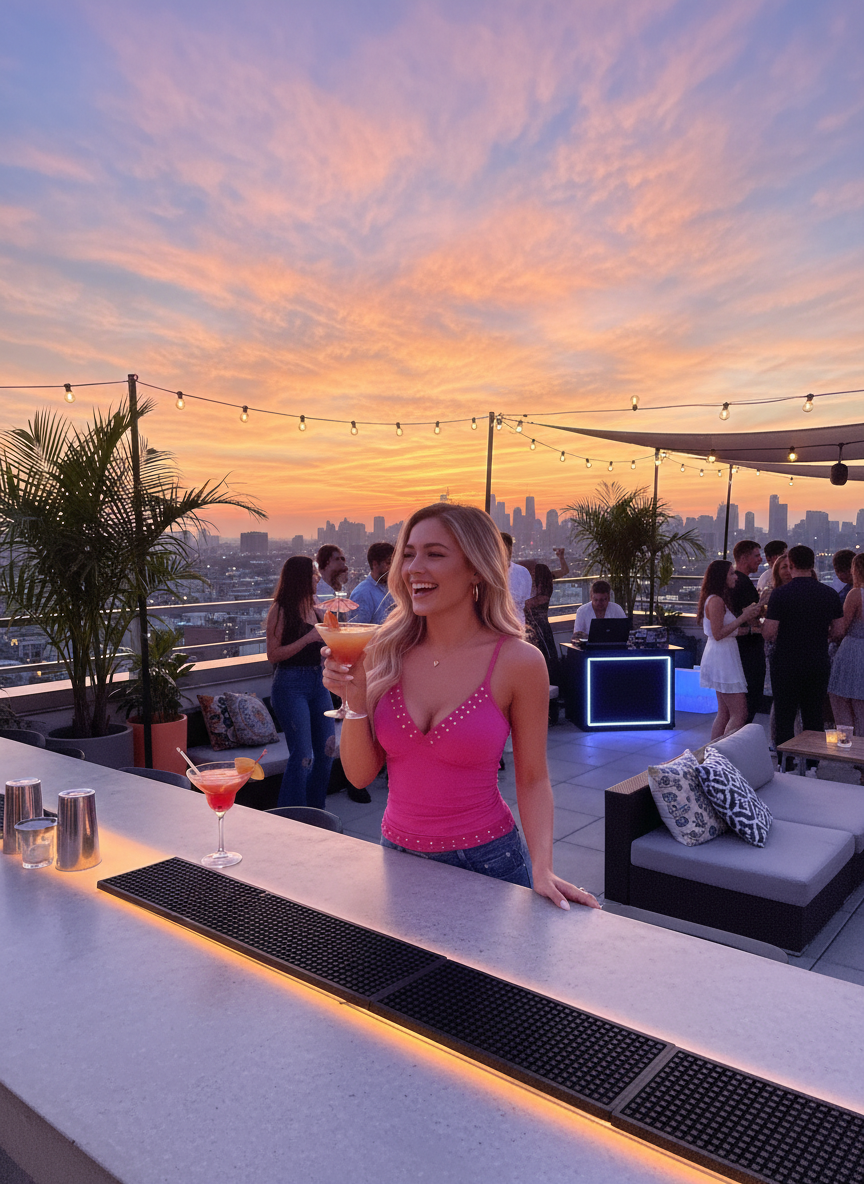 Vibrant summer rooftop party with hot pink studded cami top