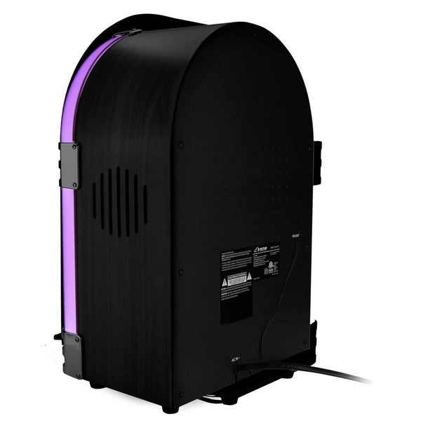 Back view of Victor Broadway II Desktop CD Jukebox by Jupiter Gear with black casing and purple light strip