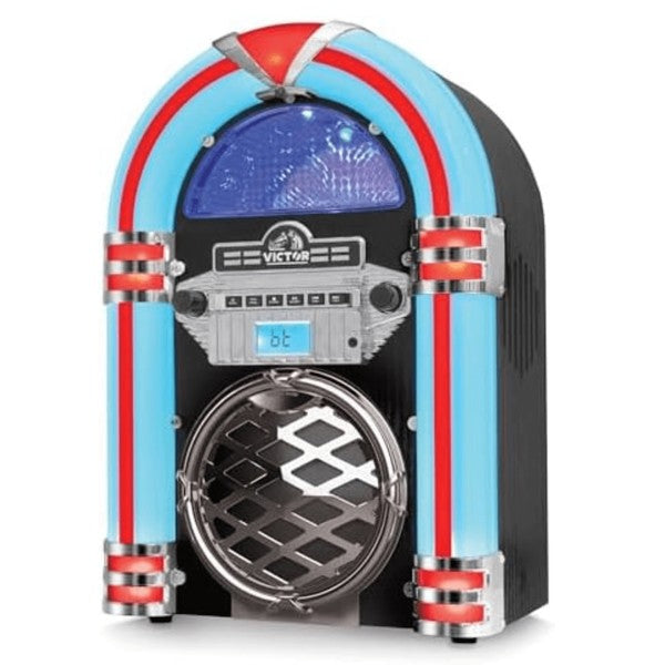 Victor Broadway II Desktop CD Jukebox by Jupiter Gear with retro design and vibrant red blue accents