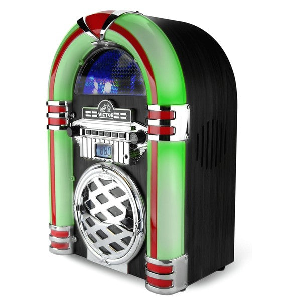 Victor Broadway II Desktop CD Jukebox by Jupiter Gear with retro green and red neon lights