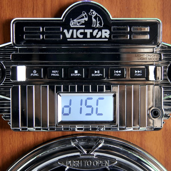 Victor Broadway II Desktop CD Jukebox control panel with digital display and function buttons on wood finish