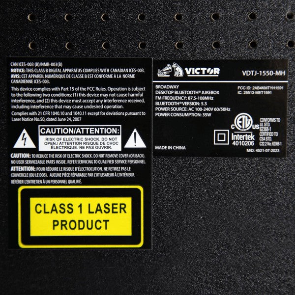 Victor Broadway II Desktop CD Jukebox label showing technical specifications and safety warnings