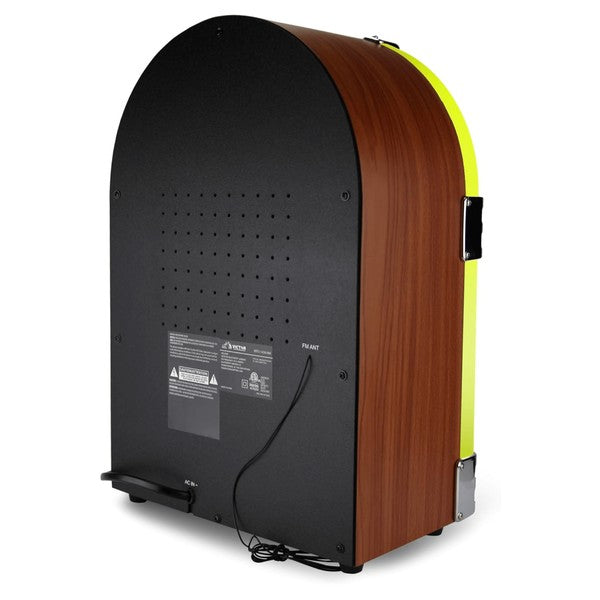 Back view of Victor Broadway II Desktop CD Jukebox with wood grain sides and black back panel by Jupiter Gear