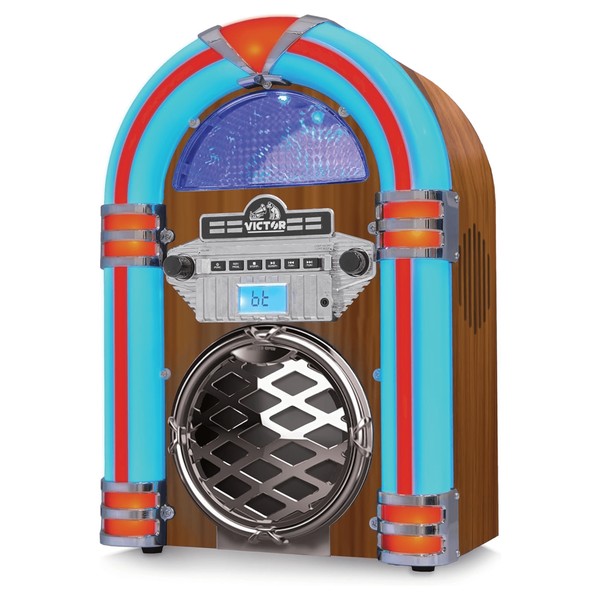 Victor Broadway II Desktop CD Jukebox by Jupiter Gear with retro design and blue red light accents