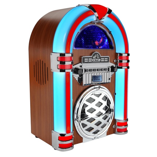 Victor Broadway II Desktop CD Jukebox by Jupiter Gear with retro wood design and blue red neon lights