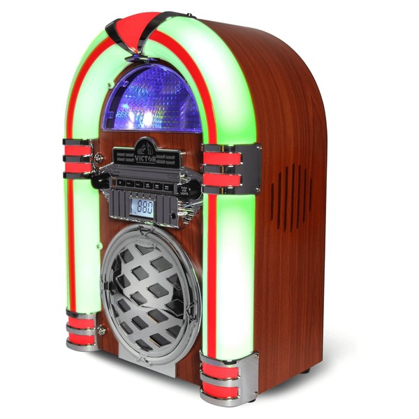 Victor Broadway II Desktop CD Jukebox with vintage wooden finish and colorful neon lights