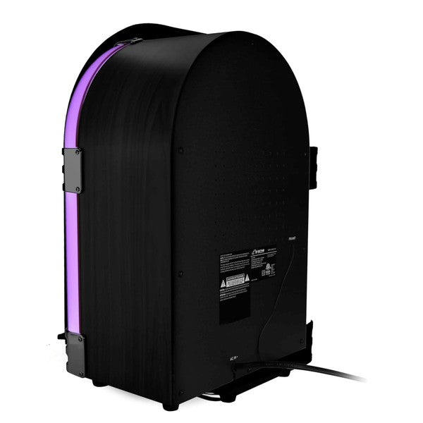 Rear view of Victor Wilshire Bluetooth Jukebox by Jupiter Gear showing black casing and connected power cord