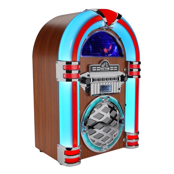 Victor Wilshire Bluetooth Jukebox with retro wood finish and colorful neon lights by Jupiter Gear