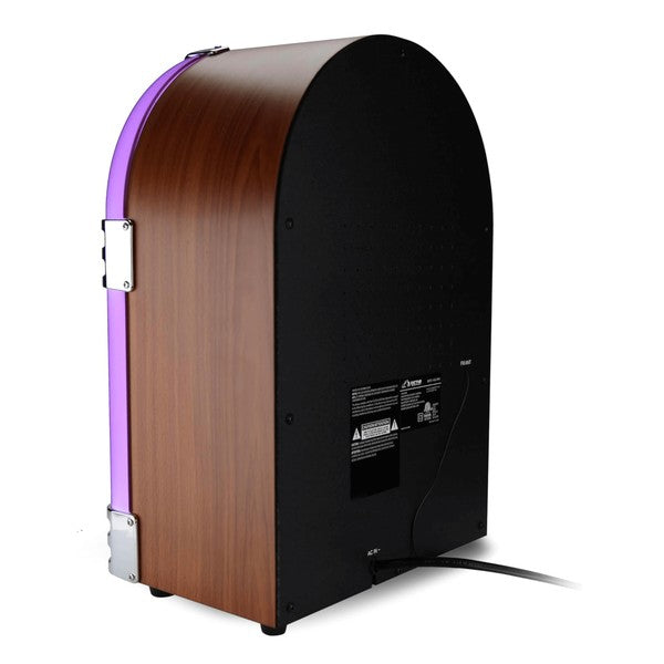 Rear view of Victor Wilshire Bluetooth Jukebox by Jupiter Gear with wood finish and power cord