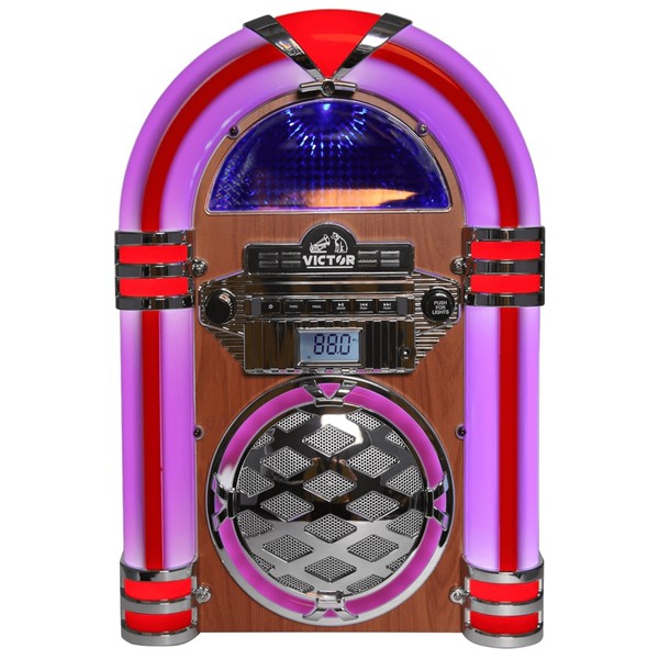Victor Wilshire Bluetooth Jukebox by Jupiter Gear with retro design and colorful LED lights
