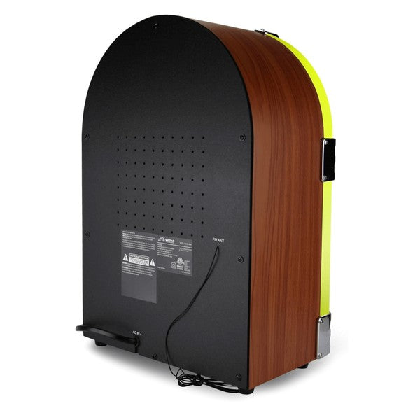 Back view of Victor Wilshire Bluetooth Jukebox by Jupiter Gear with wood finish and black panel