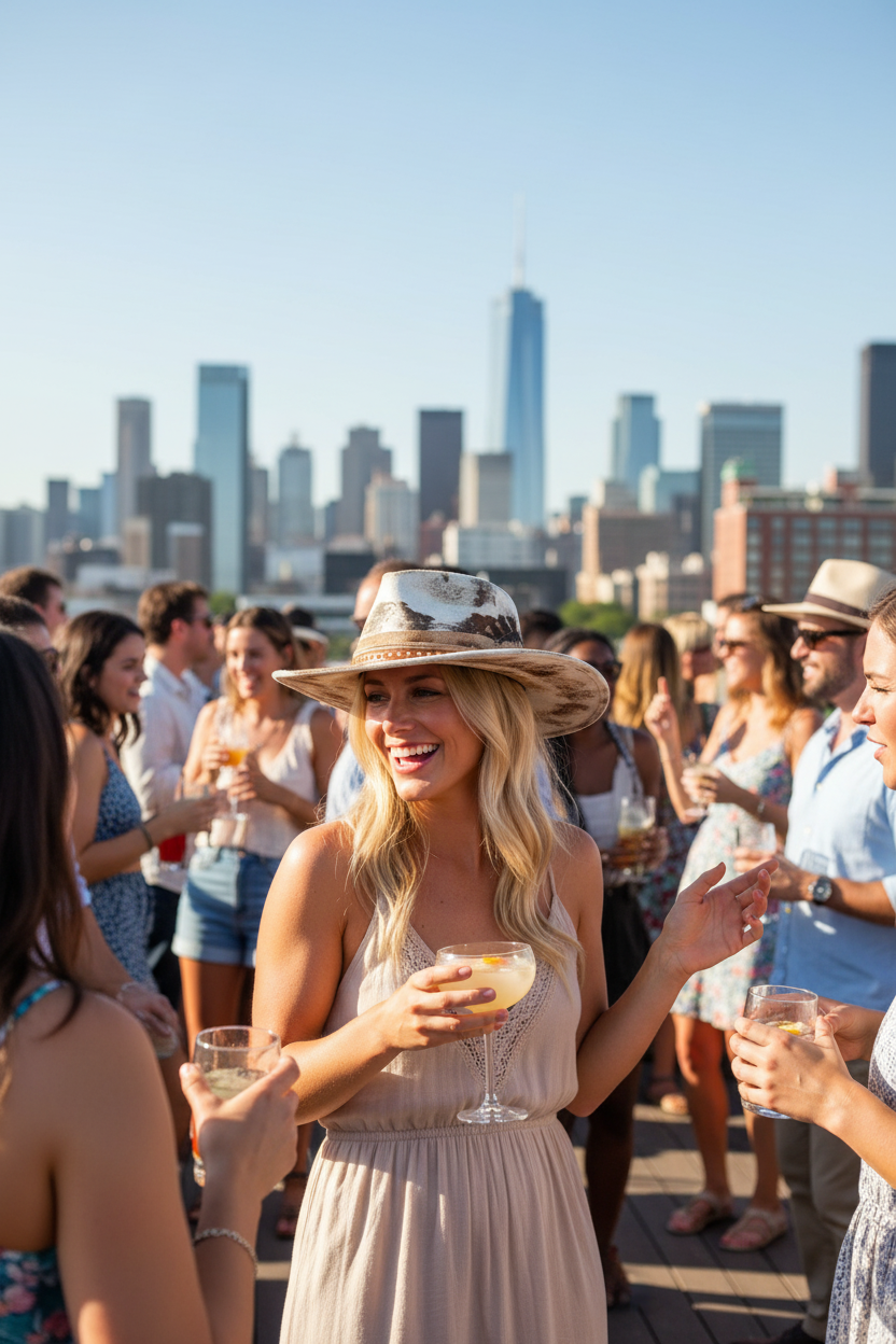 Vintage distressed cowboy fedora lifestyle - rooftop bar