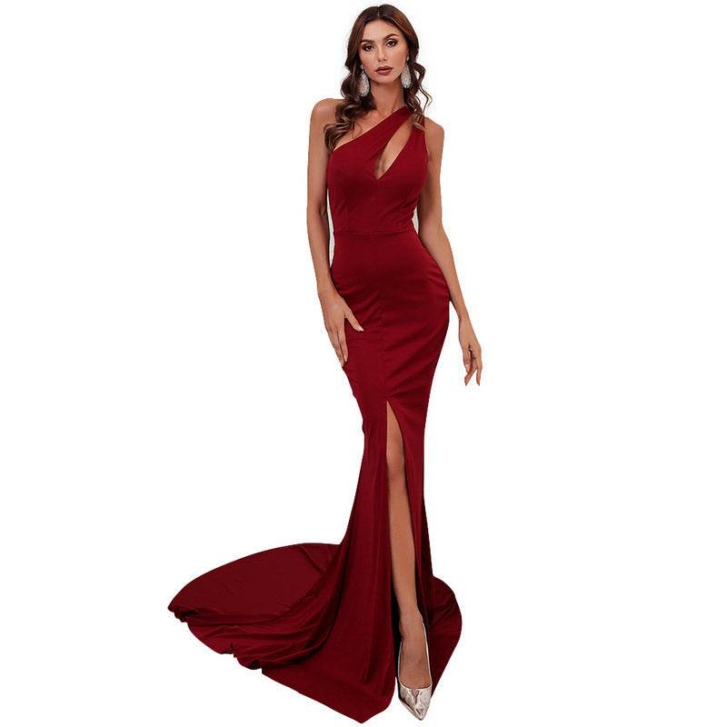 Elegant burgundy Wedding Dress with Small Train featuring a side slit and stylish cut-out design