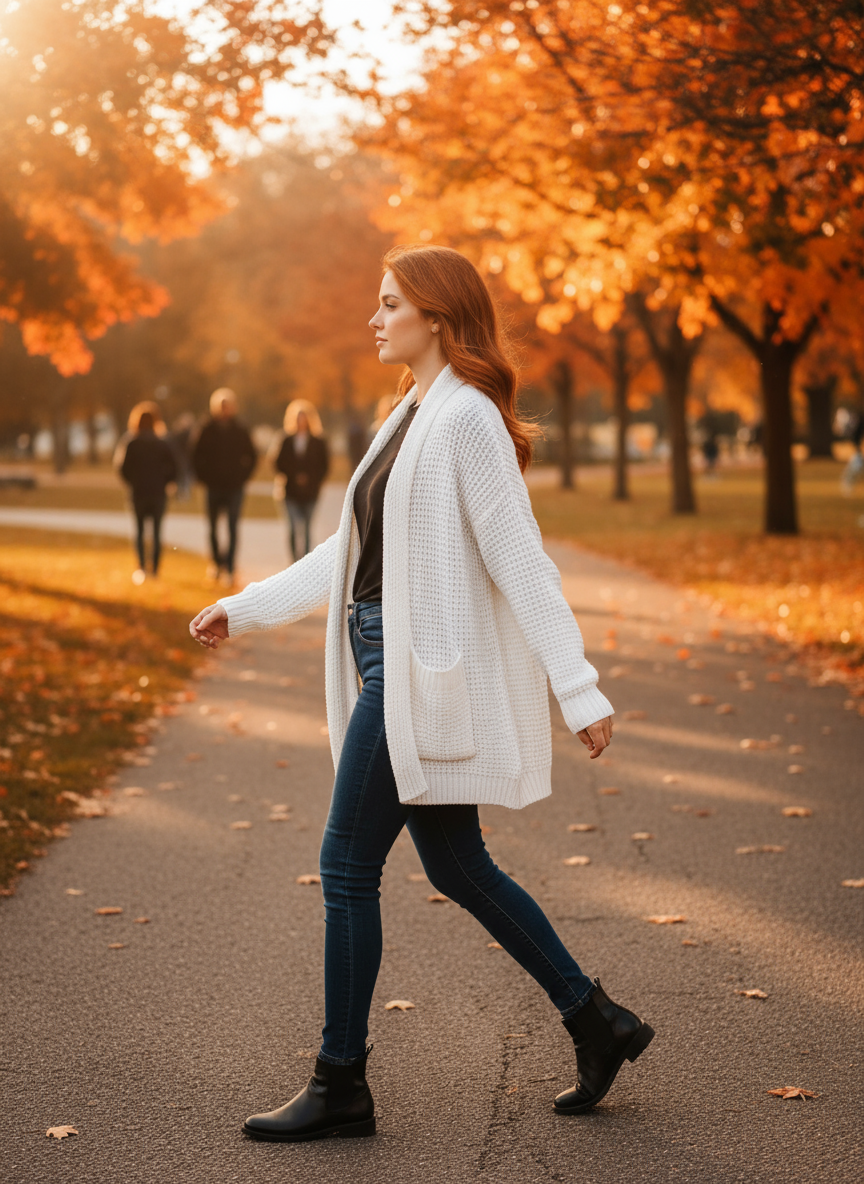 White chunky knit hip-length cardigan - side view