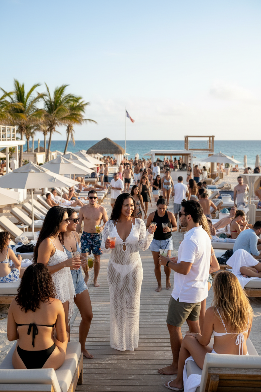 White crochet maxi dress beach club lifestyle