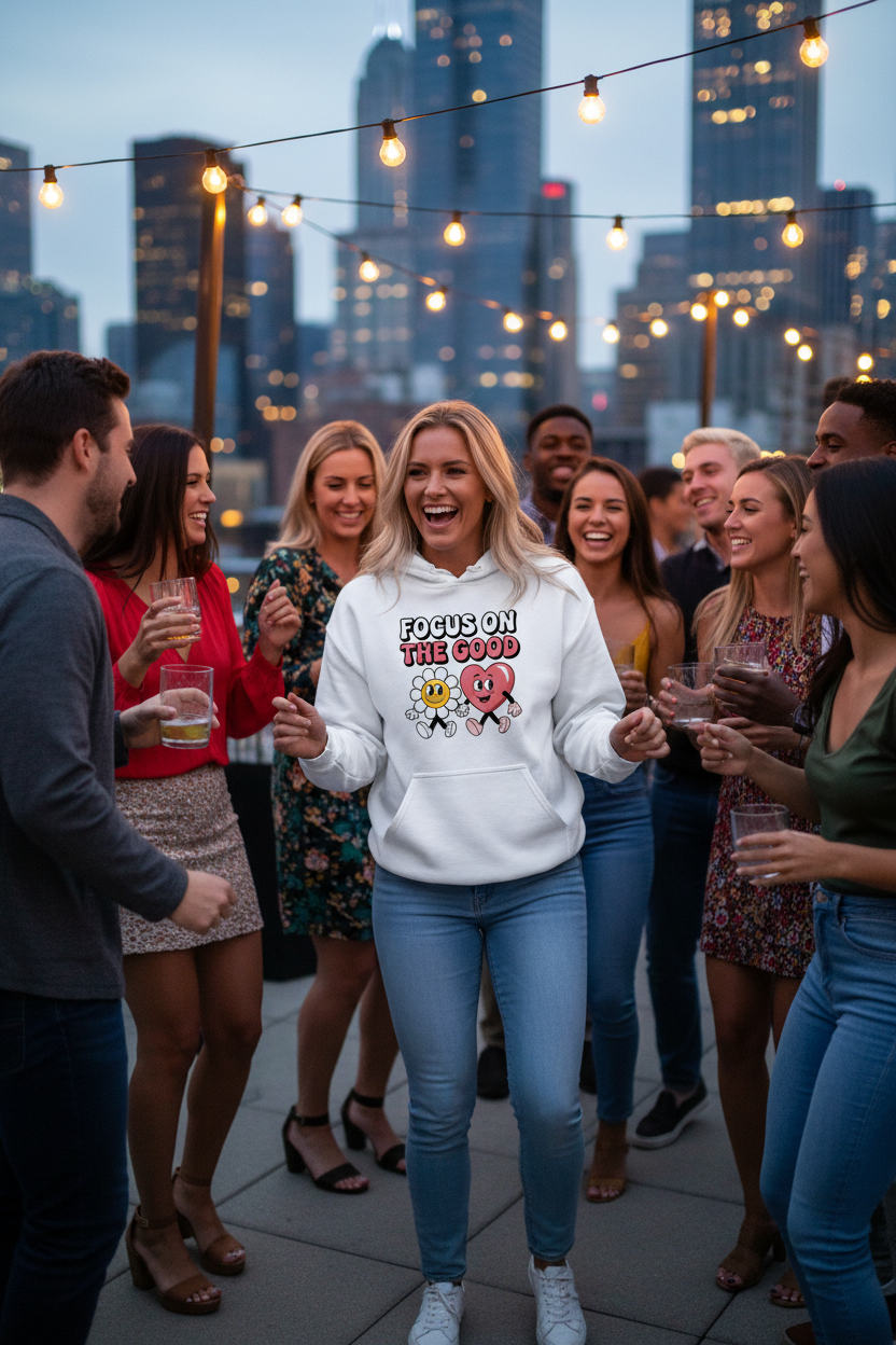 White Focus On Good Hoodie - Rooftop Party