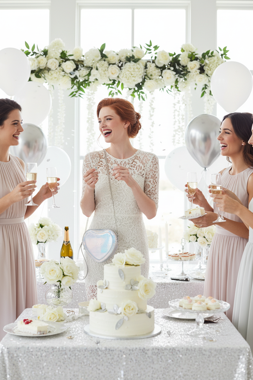 White holographic heart bag at bridal shower - Redhead model