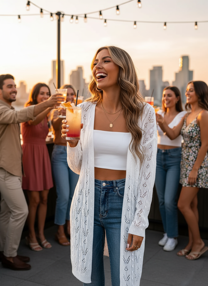 White openwork cardigan - blonde at rooftop bar