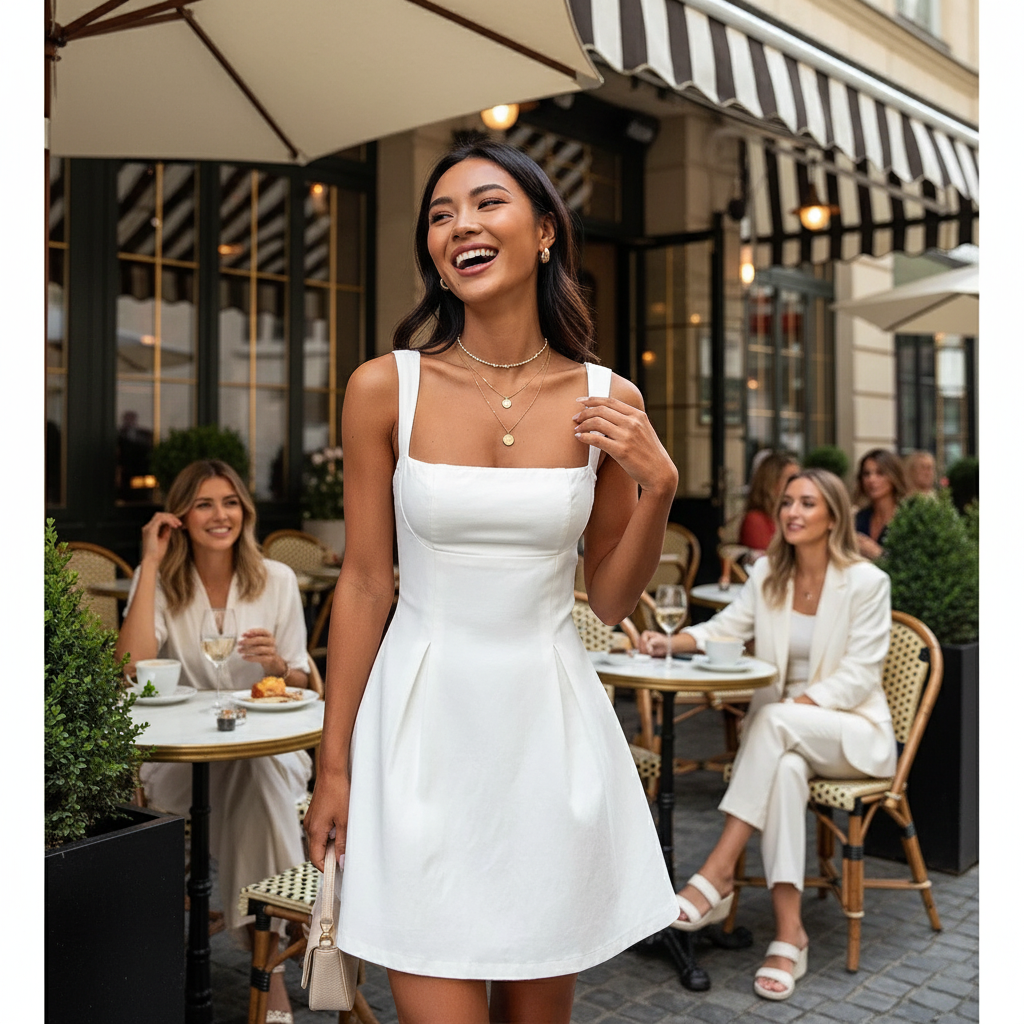 White Square Neck Fit Sleeveless Short Dress Lifestyle Image