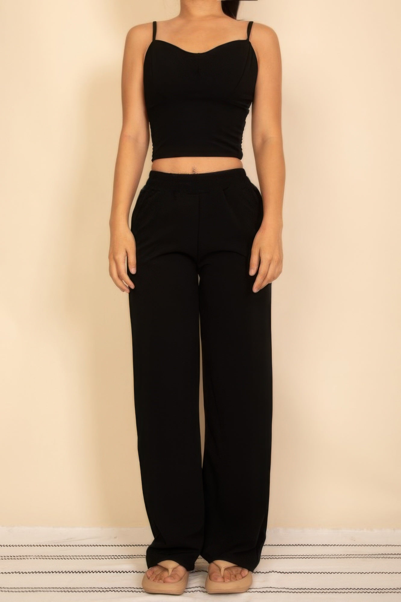 CC WHOLESALE CLOTHING Wide Leg Pants Set in Black with a Cropped Top and Flowy Pants