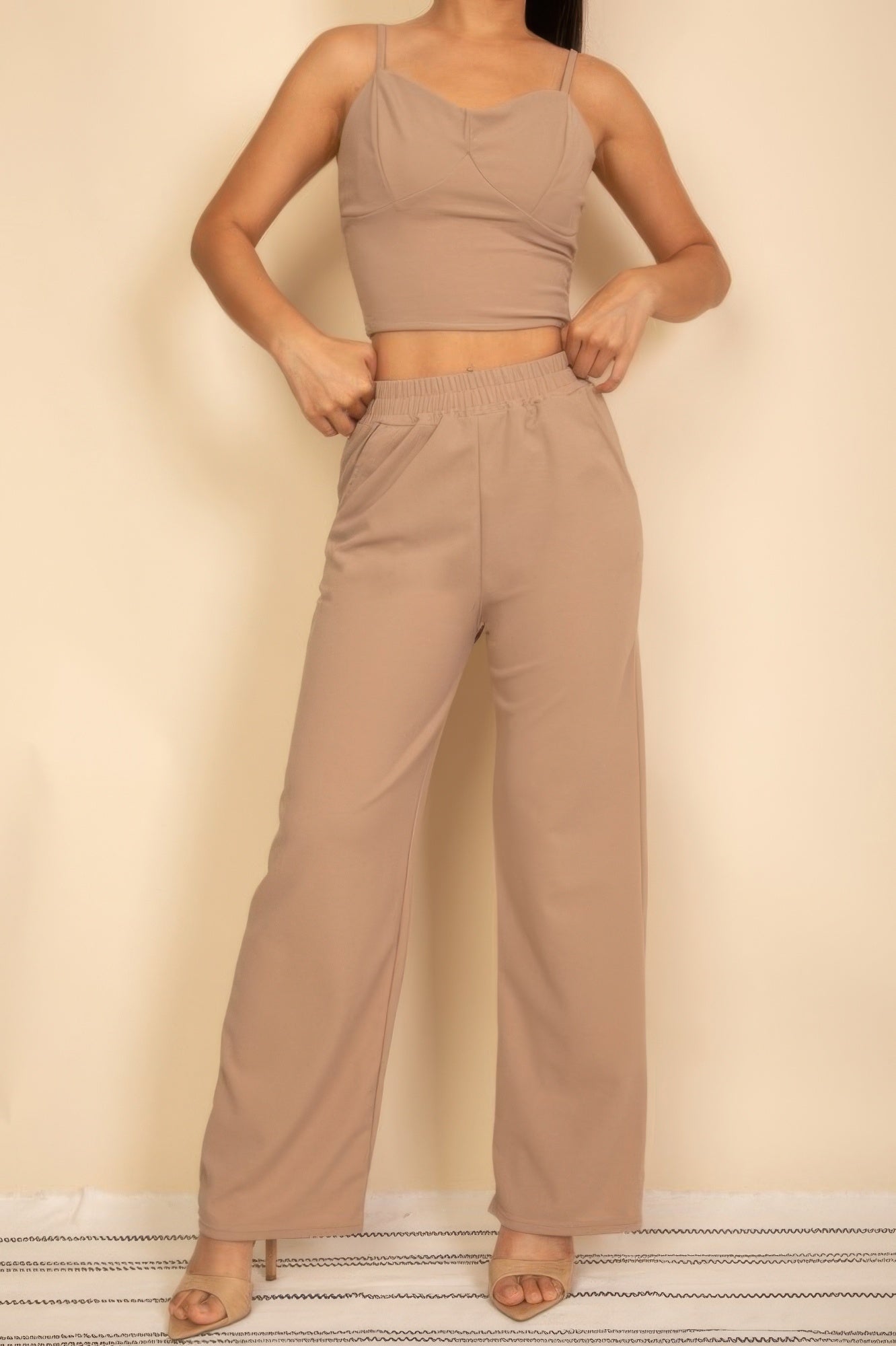 CCWHOLESALECLOTHING Wide Leg Pants Set in beige with a fitted crop top and comfortable elastic waistband