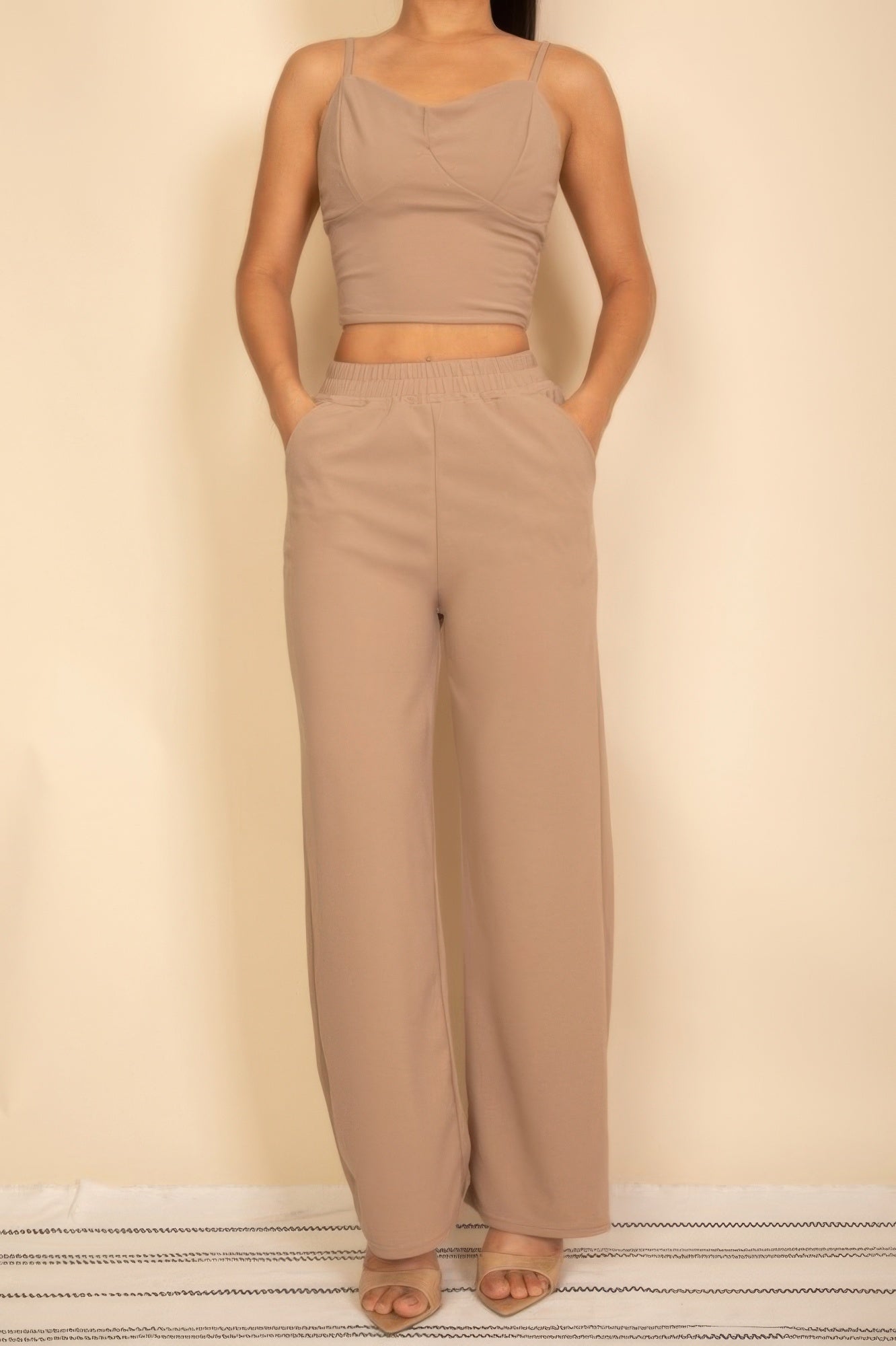 Beige Wide Leg Pants Set featuring a fitted crop top and stylish wide-leg trousers
