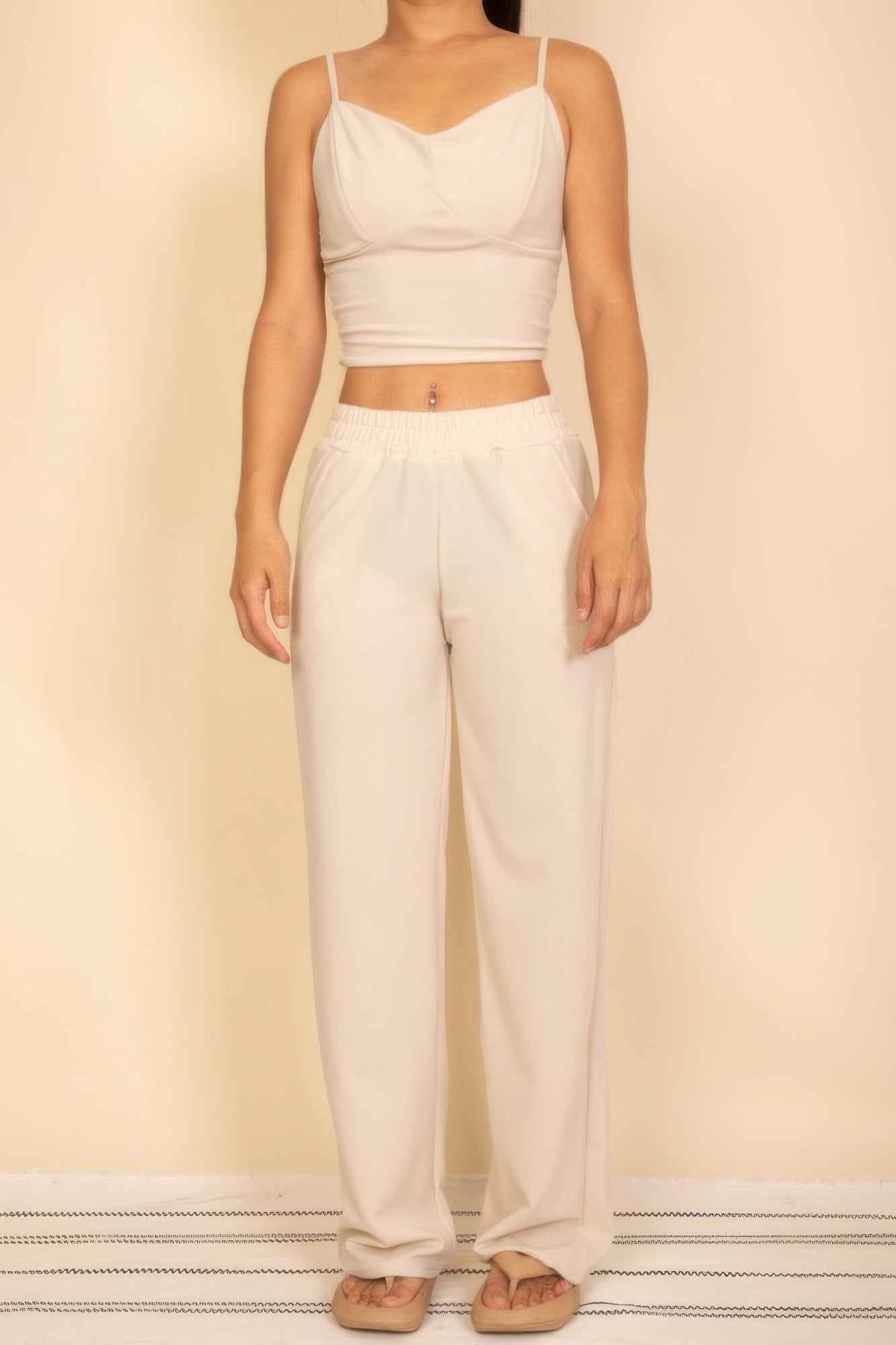 Beige Wide Leg Pants Set featuring a fitted crop top and comfortable pants for stylish casual wear