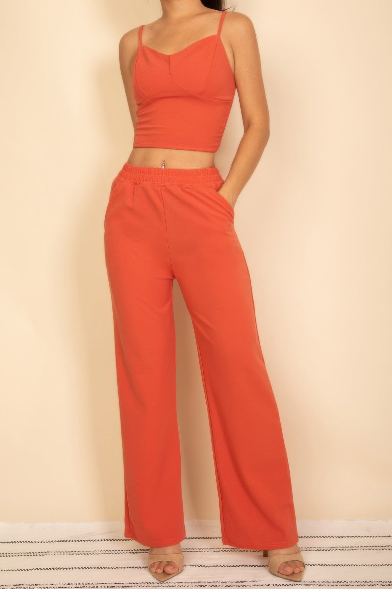 Stylish Wide Leg Pants Set in Orange with Comfortable Crop Top and Flowy Pants